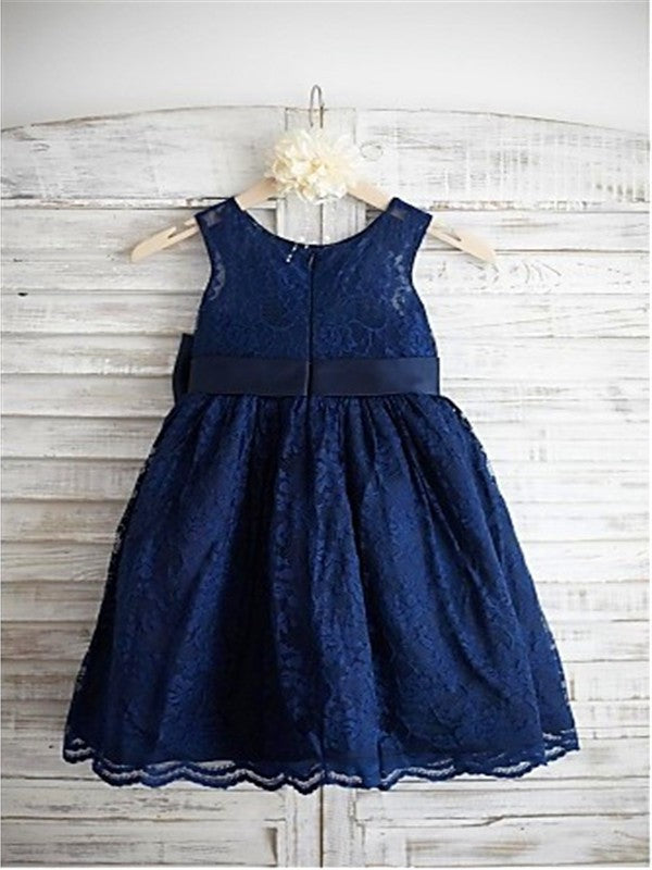 Scoop A-line/Princess Bowknot Tea-Length Lace Sleeveless Flower Girl Dresses