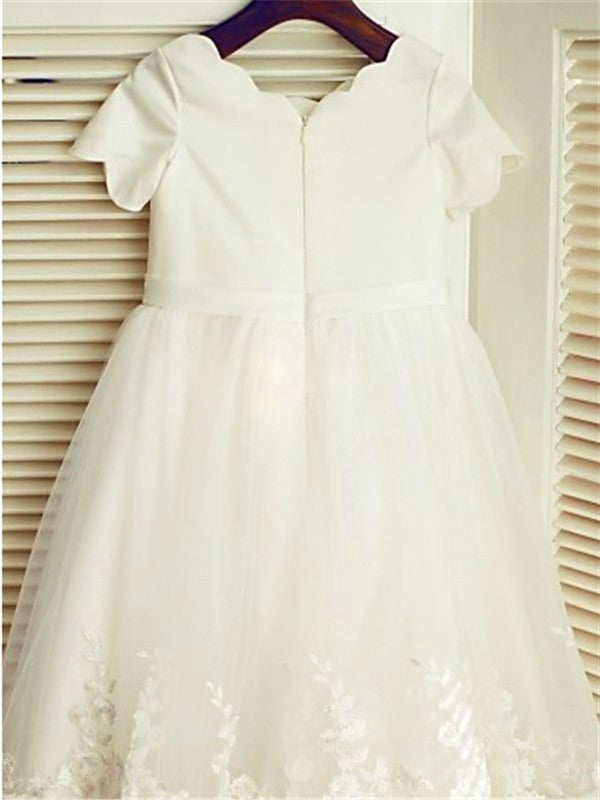 A-line/Princess Short Scoop Sleeves Lace Tea-Length Flower Girl Dresses