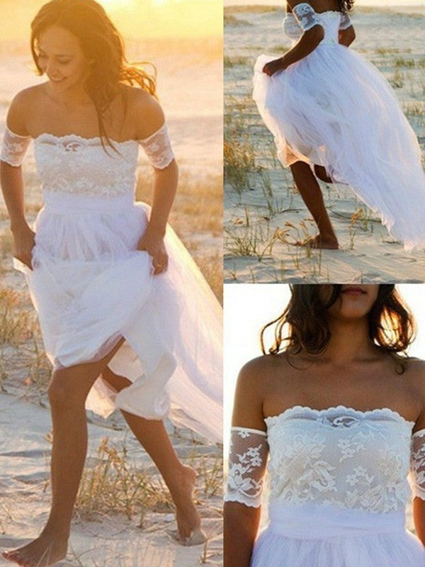 Off-the-Shoulder A-Line/Princess Sleeveless Chiffon Lace Floor-Length Wedding Dresses