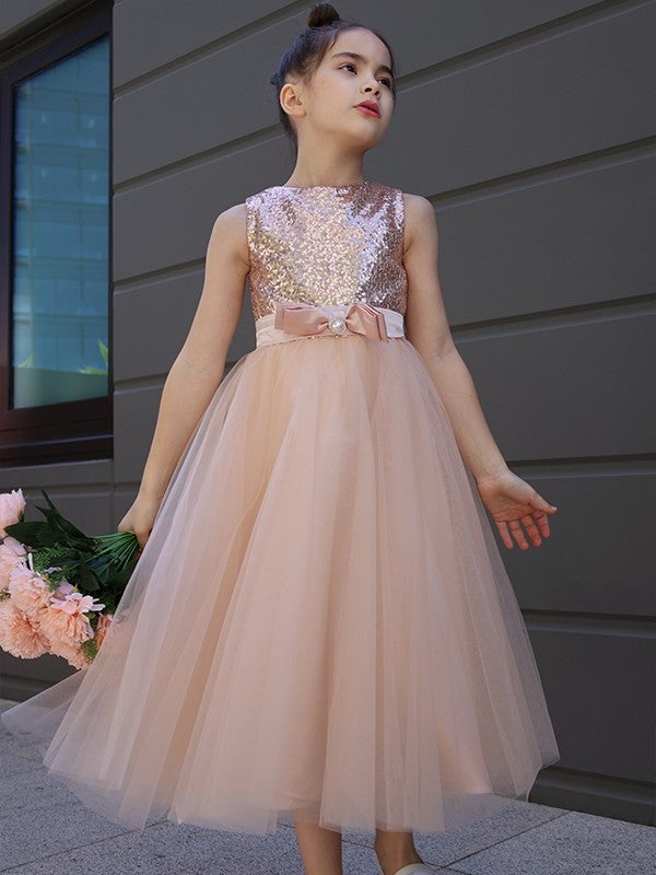 Sleeveless Tulle A-Line/Princess Scoop Bowknot Tea-Length Flower Girl Dresses