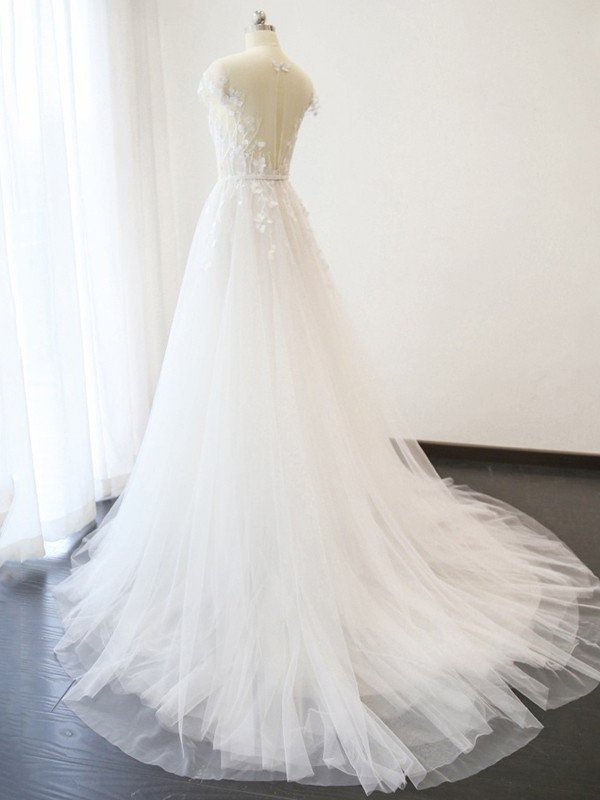 A-Line/Princess Sleeves Short Court V-neck Train Applique Tulle Wedding Dresses