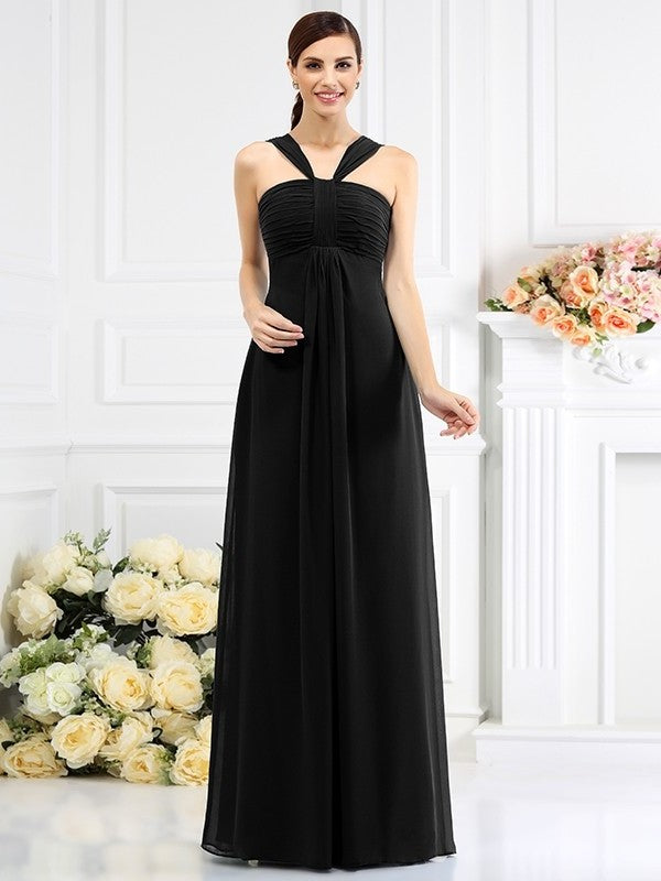 Straps Sleeveless Long A-Line/Princess Pleats Chiffon Bridesmaid Dresses