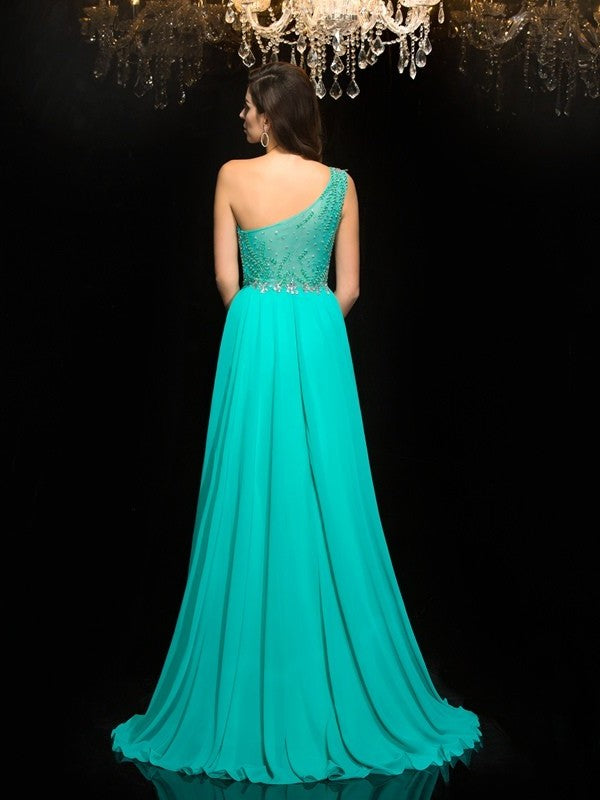 Beading A-Line/Princess One-Shoulder Sleeveless Long Chiffon Dresses