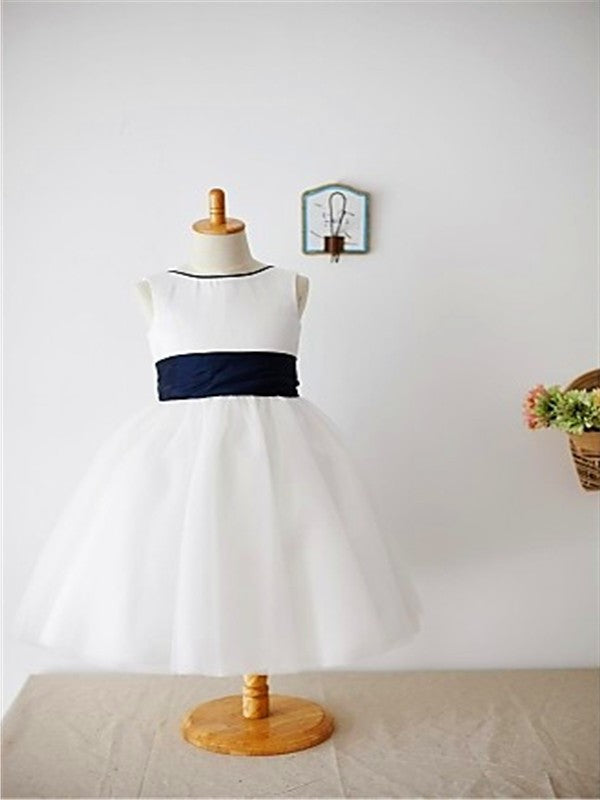 Sleeveless Bowknot Scoop Tea-Length Tulle A-line/Princess Flower Girl Dresses