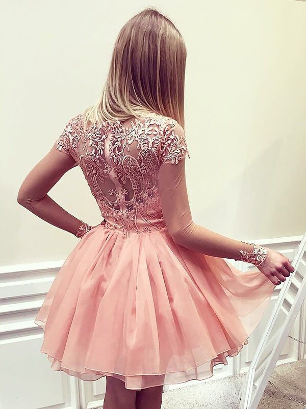 A-Line/Princess Bateau Long Sleeves Short/Mini Applique Chiffon Homecoming Dresses Jasmine Dresses