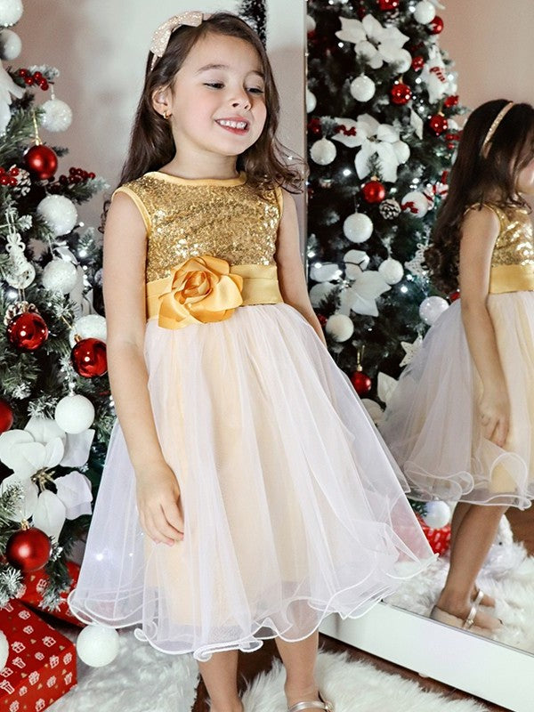 Scoop Sleeveless A-Line/Princess Tea-Length Organza Sequin Flower Girl Dresses