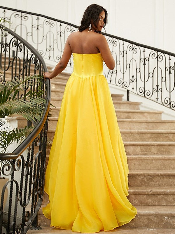 Strapless Satin Sleeveless A-Line/Princess Ruffles Sweep/Brush Train Dresses