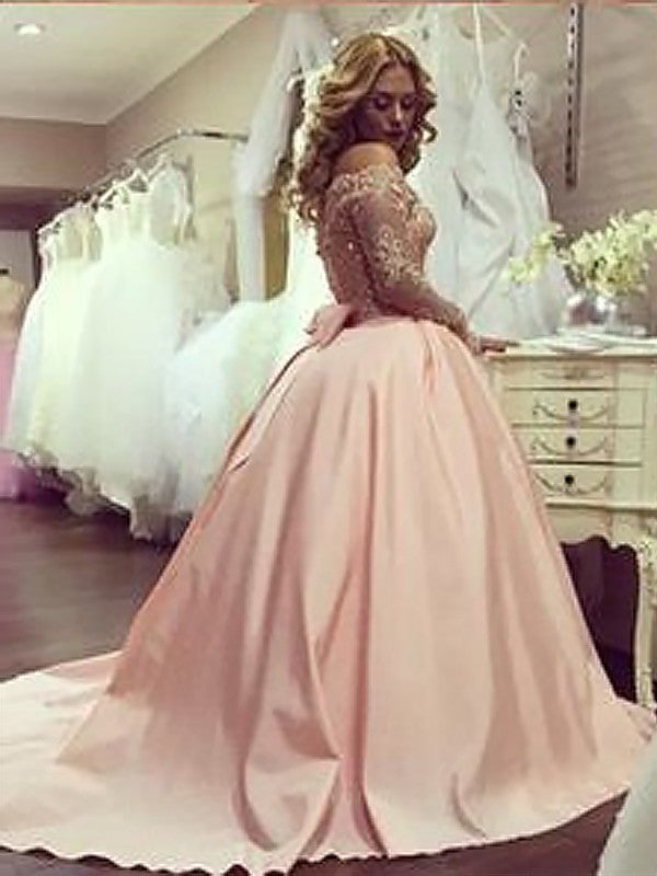 Satin Beading Long Off-the-Shoulder Gown Ball Sleeves Court Train Dresses