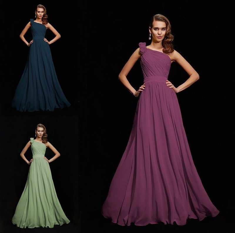 Flower Sleeveless A-Line/Princess One-Shoulder Hand-Made Long Chiffon Bridesmaid Dresses