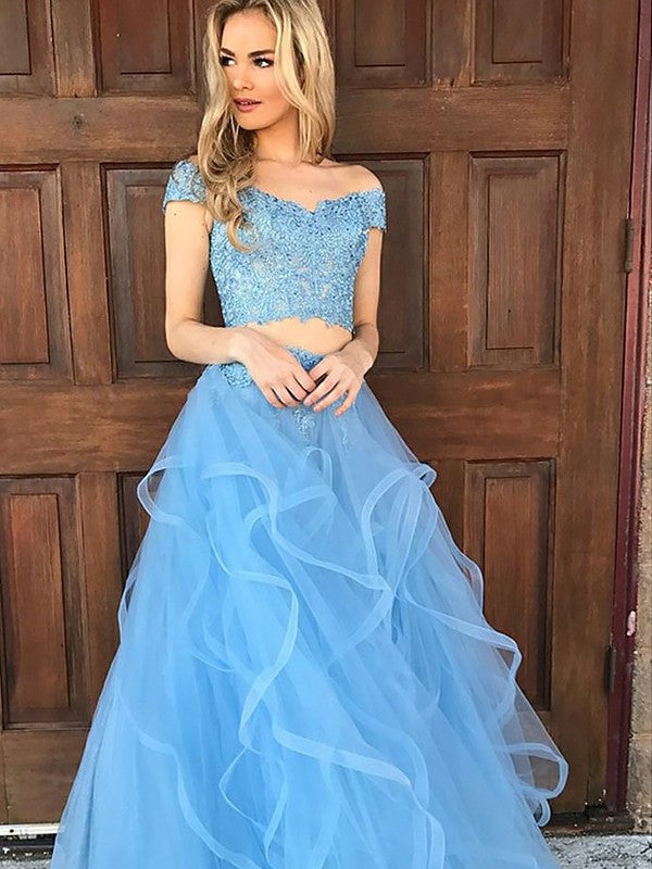 Tulle Off-the-Shoulder Floor-Length Sleeveless Applique A-Line/Princess Two Piece Dresses