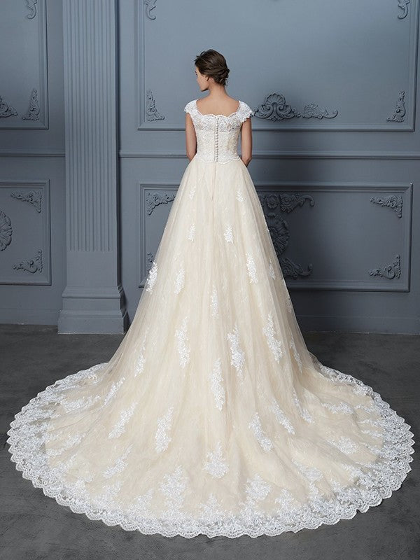 Sweetheart Gown Ball Court Sleeveless Train Beading Lace Wedding Dresses