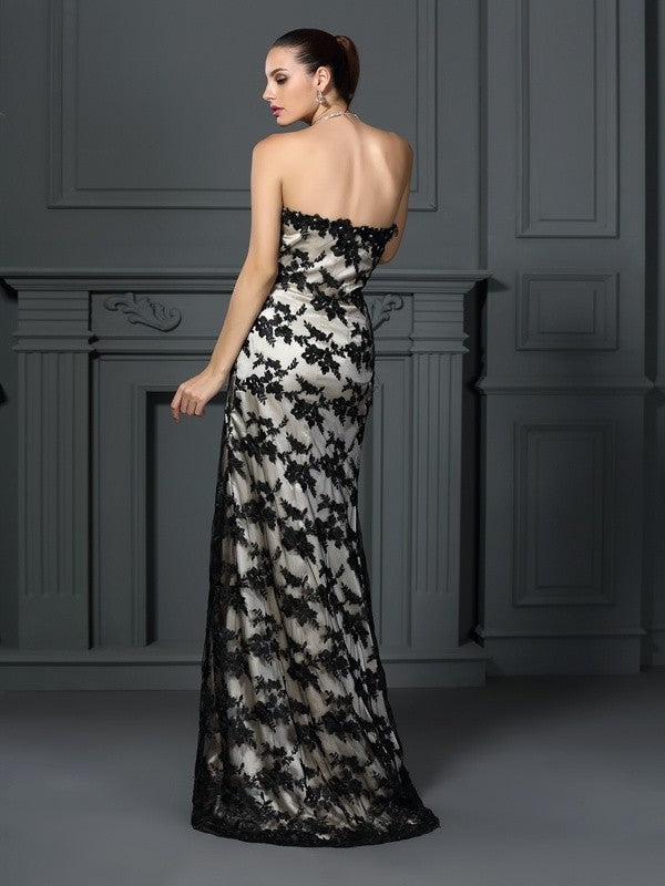 Sleeveless Sheath/Column Lace Strapless Long Elastic Woven Satin Dresses