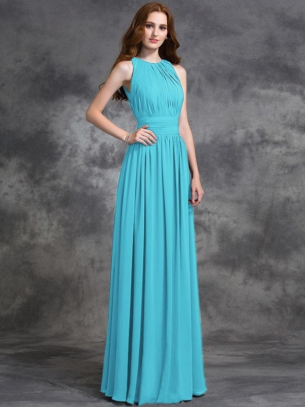 Sleeveless Long A-line/Princess Ruched Jewel Chiffon Bridesmaid Dresses