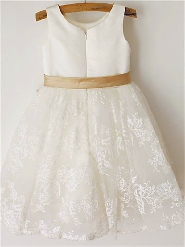 Tea-Length Lace Sleeveless Scoop A-line/Princess Bowknot Flower Girl Dresses