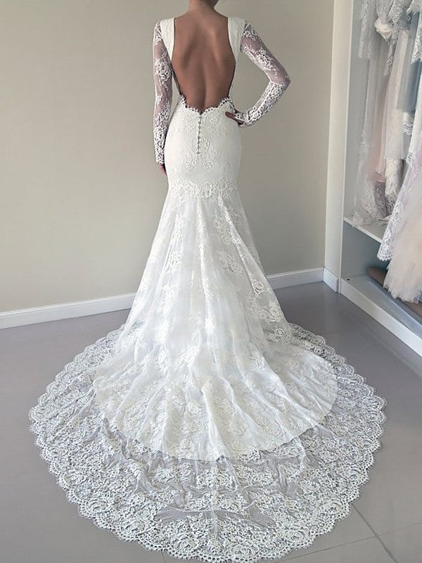 Train Long Trumpet/Mermaid Court Scoop Sleeves Lace Wedding Dresses