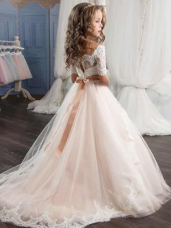 Sash/Ribbon/Belt Ball Off-the-Shoulder Gown Tulle Short Sleeves Flower Girl Dresses