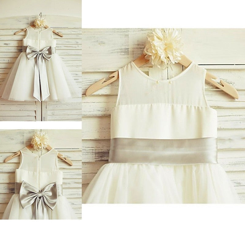 A-line/Princess Tulle Tea-Length Scoop Bowknot Sleeveless Flower Girl Dresses