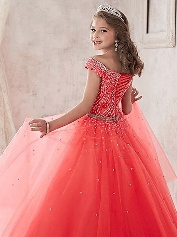 Gown Tulle Ball Floor-Length Sleeveless Beading Off-the-Shoulder Flower Girl Dresses