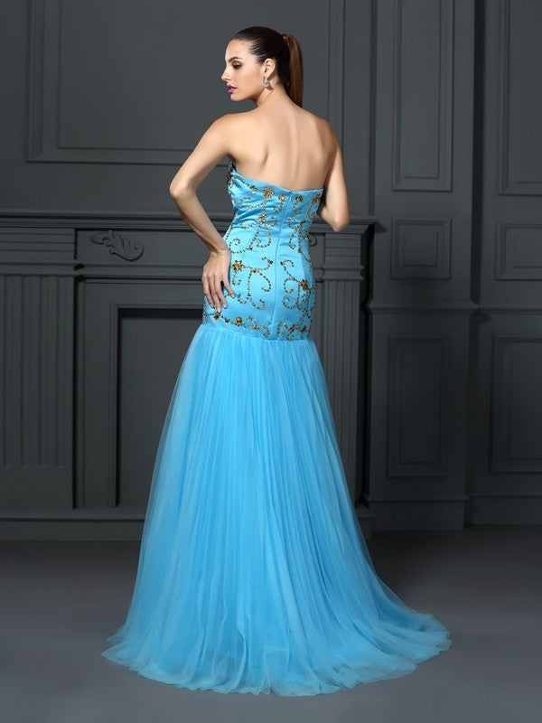 Sweetheart Trumpet/Mermaid Sleeveless Beading Long Satin Dresses