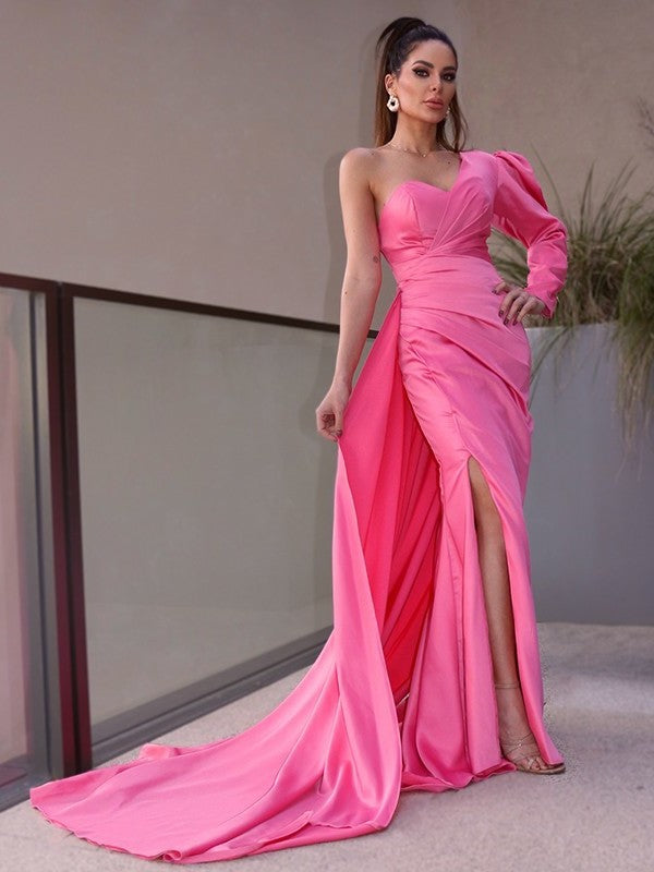 One-Shoulder Charmeuse Sheath/Column Sleeves Ruched Long Sweep/Brush Train Dresses