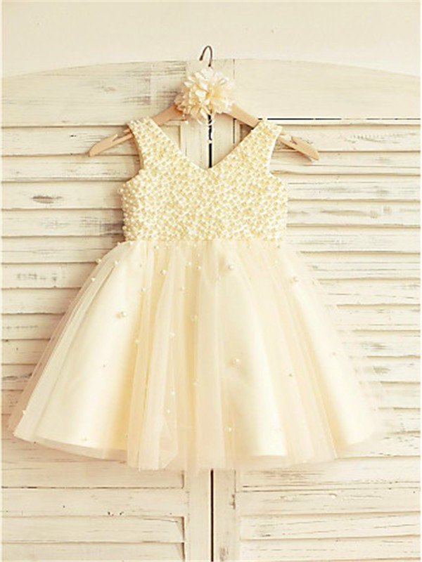 A-line/Princess Sleeveless V-neck Pearls Tea-Length Tulle Flower Girl Dresses