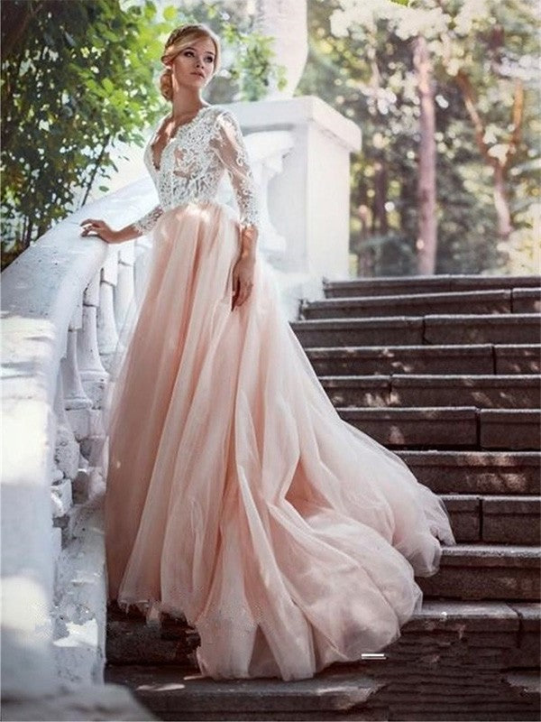 V-neck Long Gown Court Ball Train Sleeves Applique Tulle Wedding Dresses