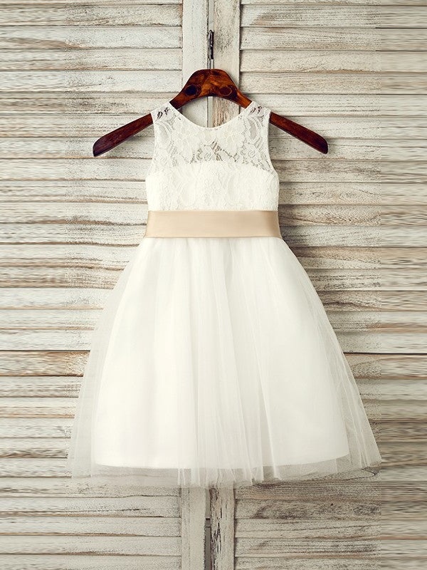 Tulle Bowknot Sleeveless A-Line/Princess Scoop Tea-Length Flower Girl Dresses