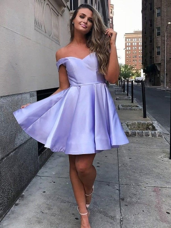 Satin A-Line/Princess Sleeveless Ruffles Off-the-Shoulder Short/Mini Homecoming Dress