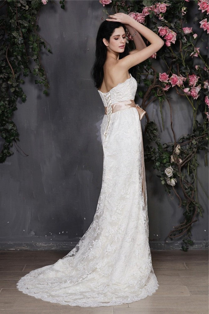 Strapless Sash Long Sheath/Column Sleeveless Lace Wedding Dresses