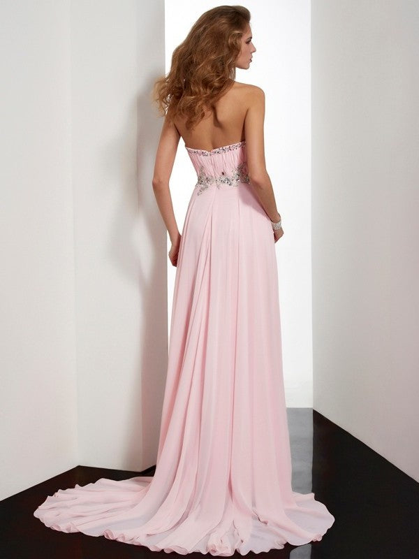 Applique Sleeveless A-Line/Princess Beading Sweetheart Long Chiffon Dresses