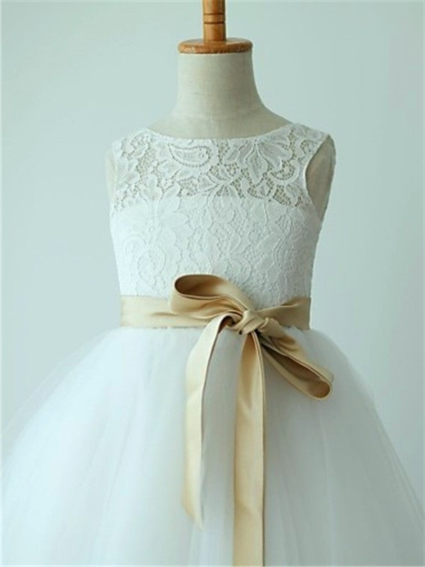 Tea-Length Tulle Sash/Ribbon/Belt Sleeveless Scoop A-line/Princess Flower Girl Dresses