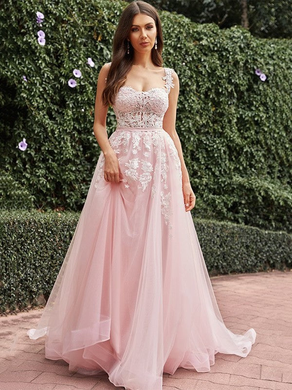 A-Line/Princess Straps Tulle Applique Sleeveless Sweep/Brush Train Wedding Dresses