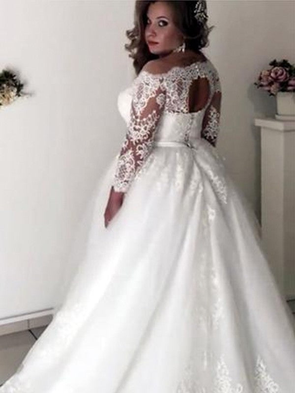 Train Sweep/Brush Sleeves Long Lace A-Line/Princess Off-the-Shoulder Tulle Wedding Dresses