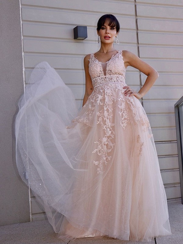 Sleeveless Applique Tulle A-Line/Princess Scoop Sweep/Brush Train Dresses