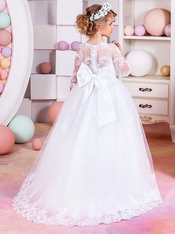 Train Sweep/Brush Tulle Ball 1/2 Gown Jewel Lace Sleeves Flower Girl Dresses