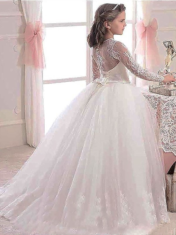 Sleeves Scoop Floor-Length Tulle Lace Ball Gown Long Flower Girl Dresses