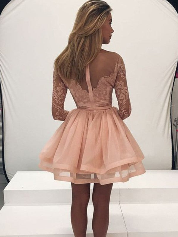 A-Line/Princess Long Sleeves Scoop Organza Applique Short/Mini Dresses Homecoming Dresses Emely