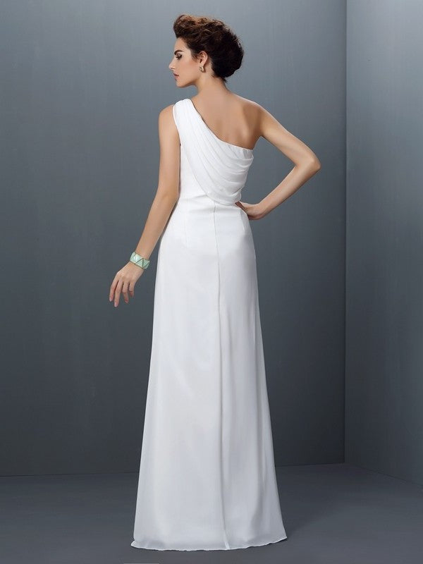 Sleeveless Sheath/Column One-Shoulder Beading Long Chiffon Dresses