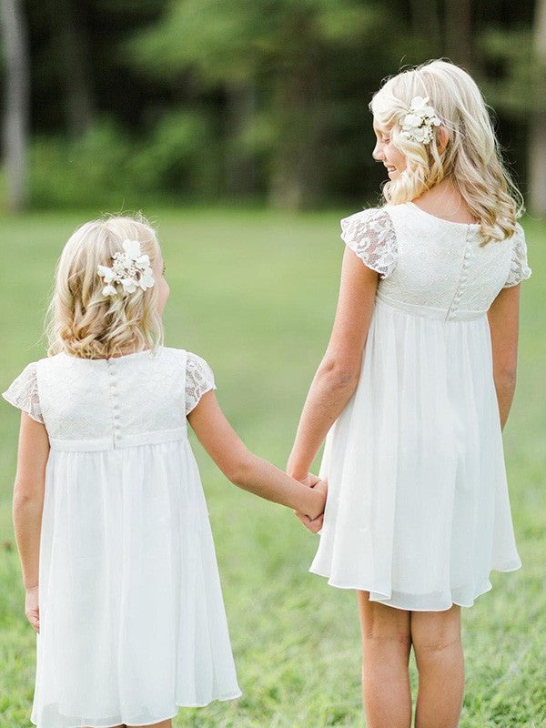 Sleeves Knee-Length Chiffon Lace Scoop A-Line/Princess Short Flower Girl Dresses