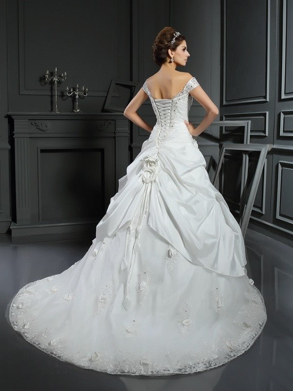 Gown Off-the-Shoulder Long Flower Ball Hand-Made Sleeveless Satin Wedding Dresses