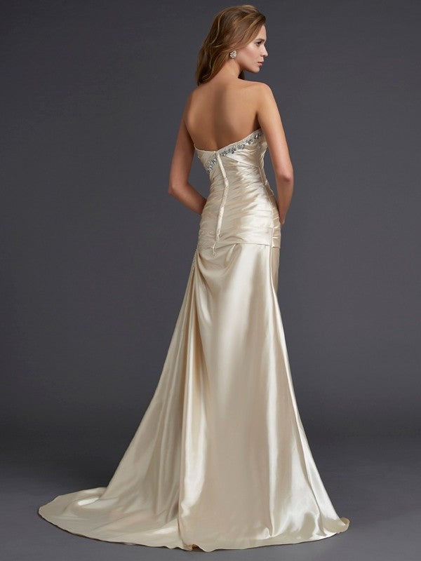 Sleeveless Sheath/Column Beading Sweetheart Long Elastic Woven Satin Dresses