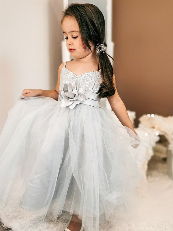 Straps Sleeveless Spaghetti Sequin Tulle A-Line/Princess Tea-Length Flower Girl Dresses