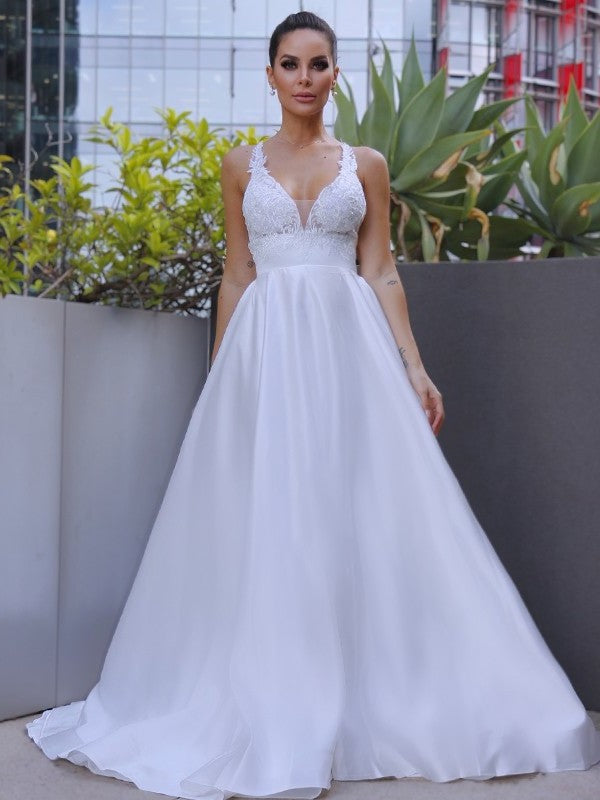 Applique Sleeveless Sweep/Brush A-Line/Princess V-neck Satin Train Wedding Dresses