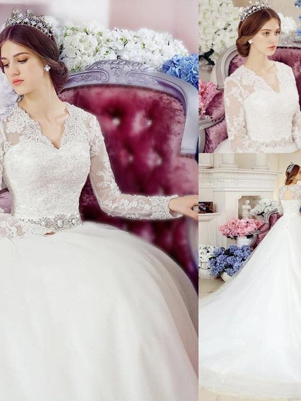 Train V-neck Sleeves Cathedral Applique Lace A-Line/Princess Long Tulle Wedding Dresses