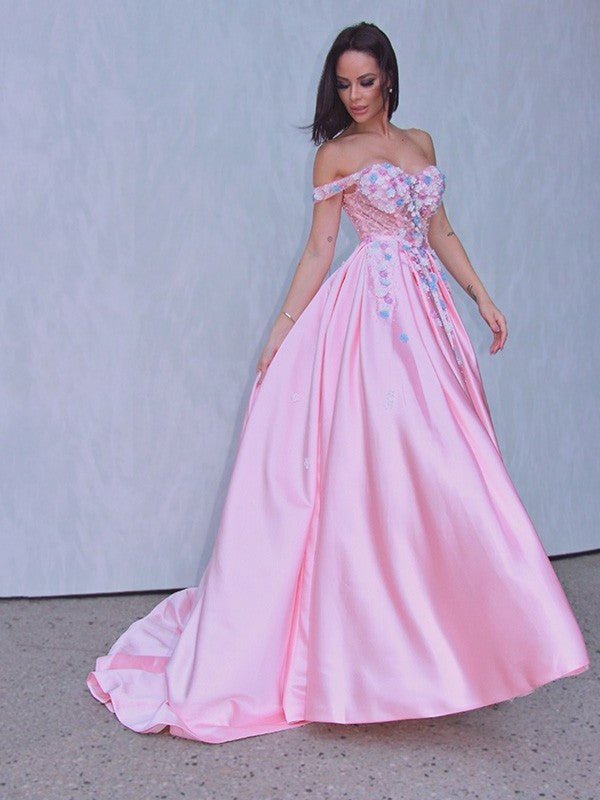 Applique Sleeveless Satin Off-the-Shoulder A-Line/Princess Sweep/Brush Train Dresses