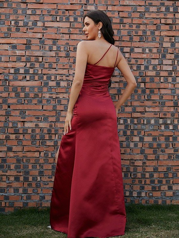 One-Shoulder Satin Sheath/Column Ruched Sleeveless Floor-Length Dresses