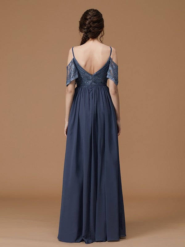 Straps Floor-Length A-Line/Princess Sleeveless Lace Spaghetti Chiffon Bridesmaid Dresses