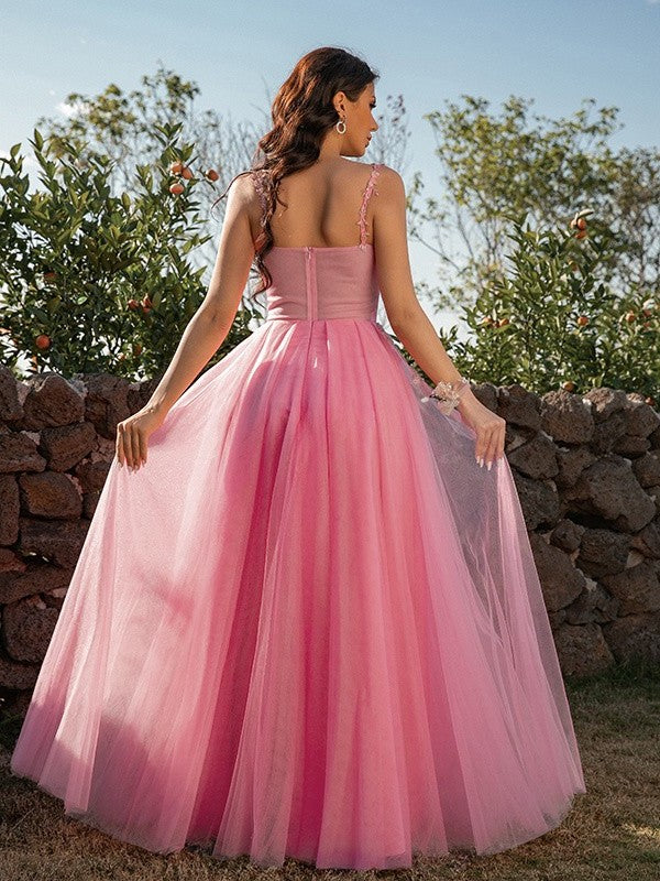 Tulle Straps Applique A-Line/Princess Sleeveless Floor-Length Dresses