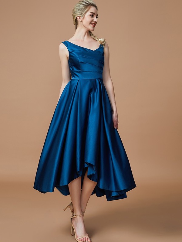 V-neck Asymmetrical A-Line/Princess Satin Sleeveless Bridesmaid Dresses