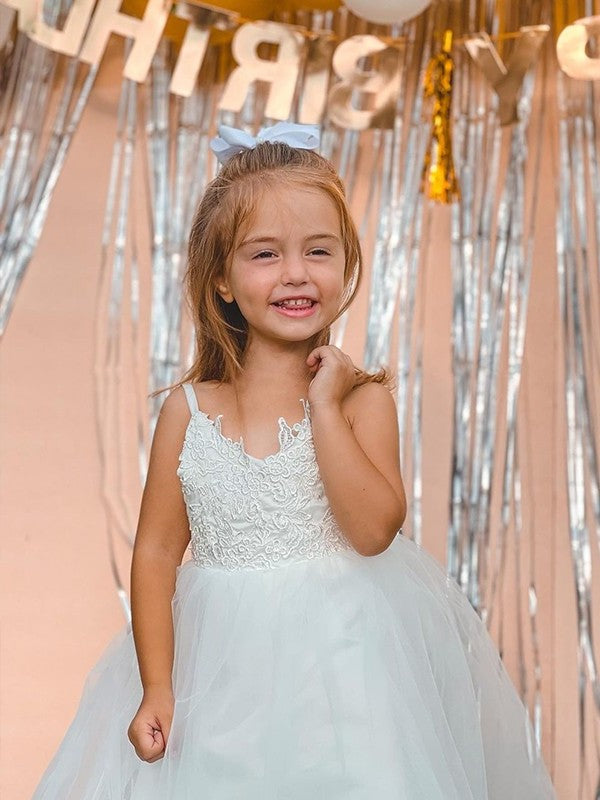 Lace Straps Gown Ball Sleeveless Floor-Length Tulle Flower Girl Dresses